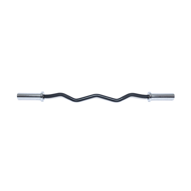 A black Bells of Steel EZ Curl Bar (47") is isolated against a white background. Featuring a wavy grip and silver ends, it's ideal for bicep curls and enhancing arm development.