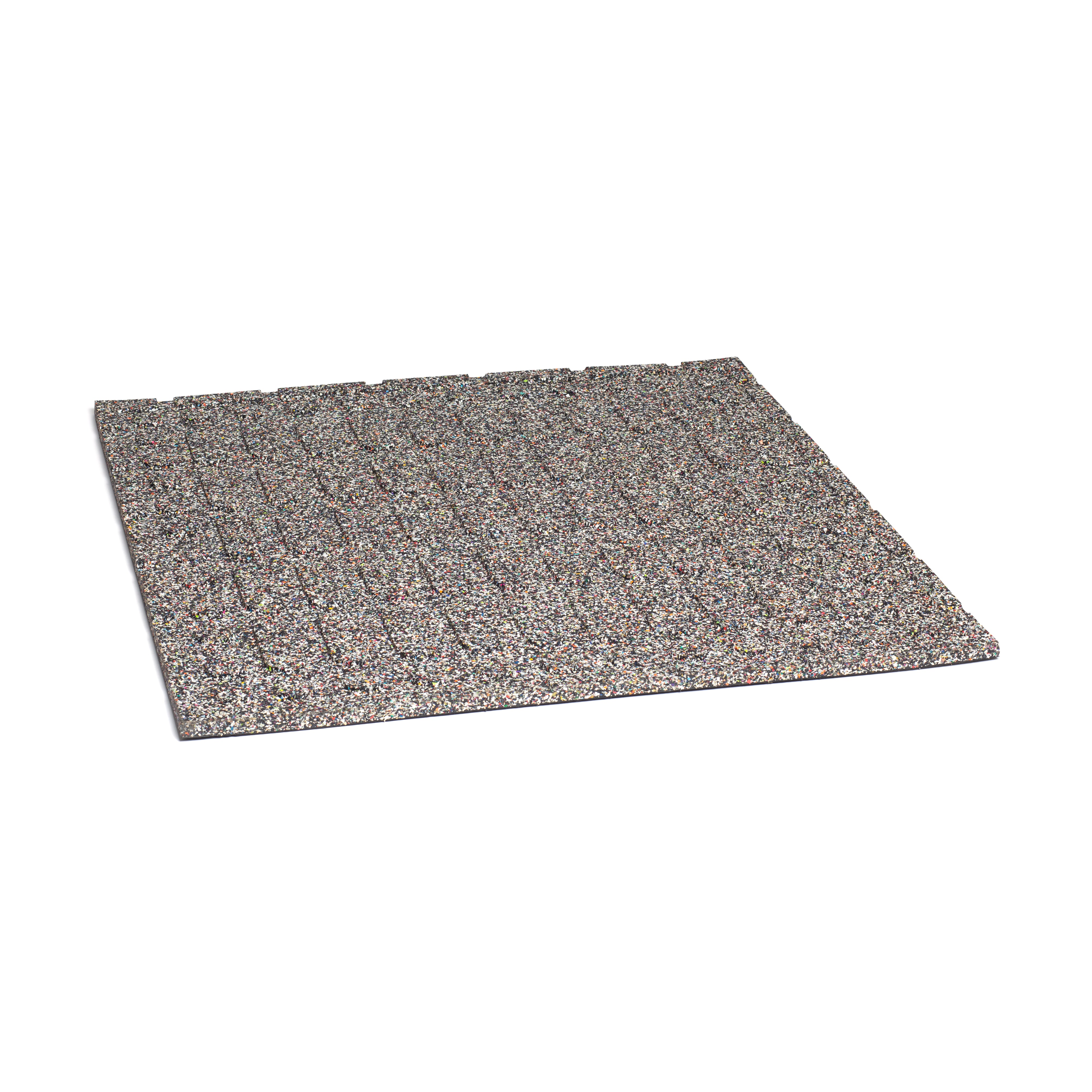 The Rubber Flooring Gym Mat 39" x 39" by Bells of Steel is a sizable rectangular mat made from composite cork underlayment. It features a speckled texture with an interlocking design and incorporates recycled rubber to dampen sound, all presented against a plain white background.