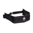 The Belt Squat Belt by Bells of Steel is a black dip belt with reinforced stitching, a metallic chain, and a circular logo patch. It boasts a simple and functional design for optimal weight distribution during strength training exercises.