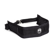 A dipped belt in black, ideal for weighted dips and belt squats, featuring a robust metal D-ring and adjustable strap. The front sports the Bells of Steel logo patch, enhancing its stylish look without compromising on functionality.