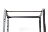 A close-up of the Bells of Steel Residential Power Rack (2.3" x 2.3", ⅝" holes) in black metal, featuring a pull-up bar, bolts, and j-cups against a white background—an ideal addition to any home gym setup.
