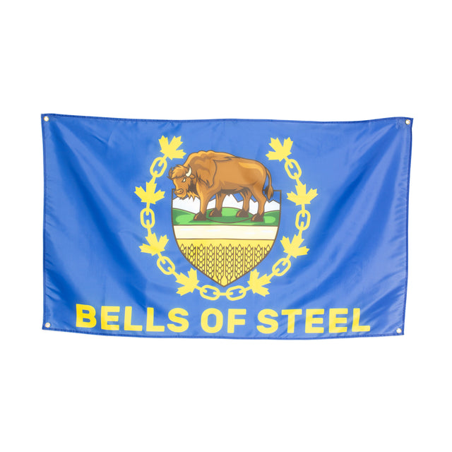 This striking flag design from Bells of Steel showcases a brown bison standing on green grass, encircled by yellow maple leaves against a blue background. Below the bison is a yellow shield adorned with "BELLS OF STEEL" in bold letters. It is an ideal choice to enhance character and strength in any home gym decor.