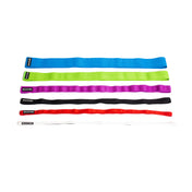 A collection of six vibrant Fabric Non-Slip Resistance Bands (41") by Bells of Steel, ideal for mobility work and powerlifting, arranged horizontally in decreasing widths. The bands come in blue, green, purple, red, black, and white colors with labels on the left side against a simple white background.