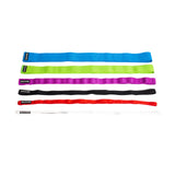 Five Bells of Steel Fabric Non-Slip Resistance Bands (41") in blue, green, purple, black, and red are laid flat in a row on a white background. Each band features a small black label at one end.