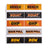 Bells of Steel Stickers: Durable, die-cut vinyl stickers with bold exercise names—BENCH, SQUAT, OHP, RACK PULL, and ROW—twice each on vibrant orange, yellow, and black backgrounds. Add eye-catching style to your fitness gear!.