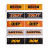 Bells of Steel Stickers: Durable, die-cut vinyl stickers with bold exercise names—BENCH, SQUAT, OHP, RACK PULL, and ROW—twice each on vibrant orange, yellow, and black backgrounds. Add eye-catching style to your fitness gear!.