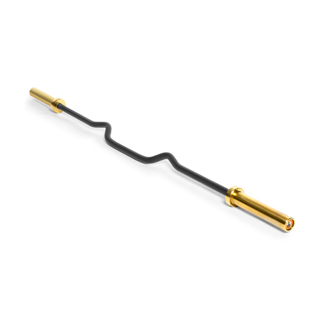 The Bells of Steel Rackable EZ Curl Bar features a black cambered design with gold-colored ends, set diagonally on a white background. Its wavy shape targets biceps and triceps, offering varied grip positions for optimal arm development during strength training exercises.