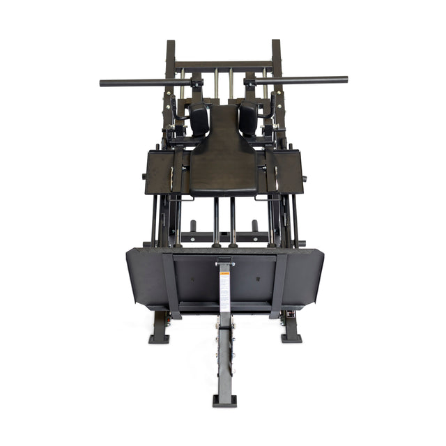 Image of The Juggernaut, a Bells of Steel 2-in-1 Iso Leg Press & Hack Squat Machine, viewed from the front. This black-framed equipment features padded areas for back support, with visible levers and handles for adjustment and use. Ideal for performing effective leg presses and calf raises with its adjustable settings.