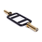 The Bells of Steel Tricep Bar is a rectangular black weightlifting bar featuring ergonomic handles and gold-colored rotating sleeves at each end.