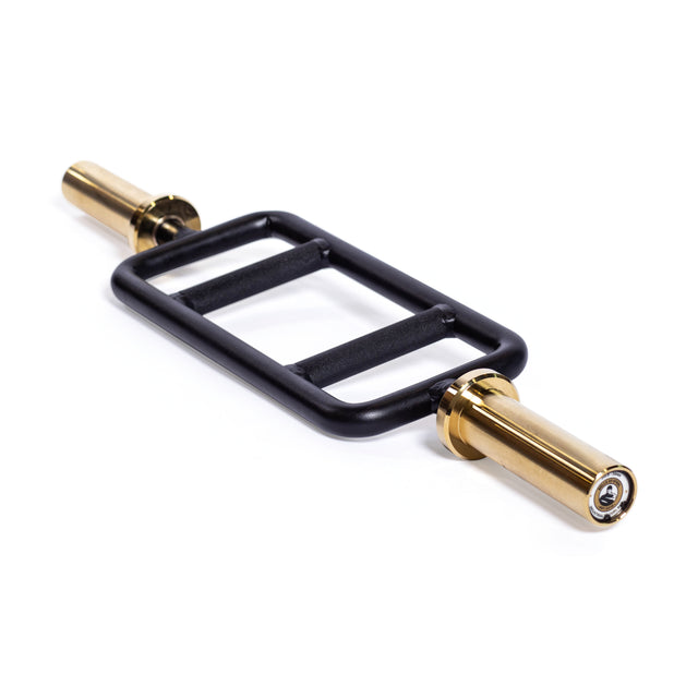 The Bells of Steel Tricep Bar is a rectangular black weightlifting bar featuring ergonomic handles and gold-colored rotating sleeves at each end.