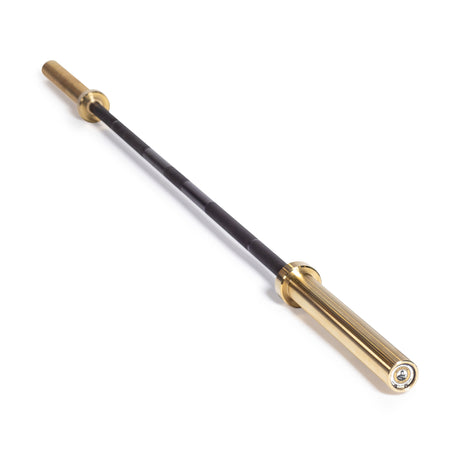 The Bells of Steel Olympic Weightlifting Barbell, featuring gold-colored sleeves, a black shaft, and premium needle bearings for smooth lifts, is displayed diagonally on a white background.