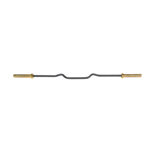 The Bells of Steel Rackable EZ Curl Bar features a sleek black finish with two subtle center bends and golden ends, making it ideal for biceps and triceps development, isolated on a white background.