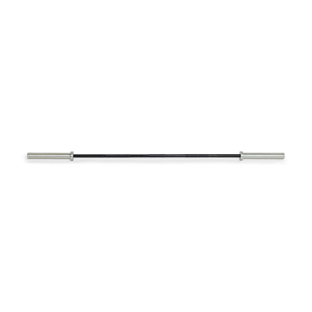 The Juno Bar by Bells of Steel is a Women's Utility Bar featuring a long black shaft with silver ends, tailored for smaller hands. Positioned horizontally on a white background, its rust-resistant zinc coating ensures durability and long-lasting performance.