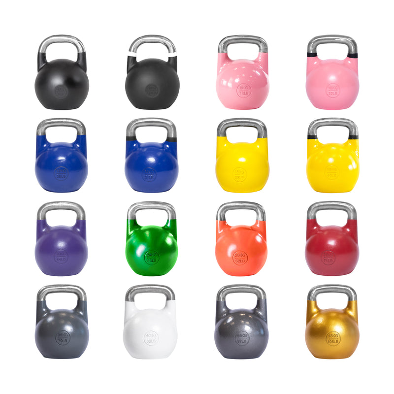 A 4x4 grid of Bells of Steel Competition Kettlebells, each in a unique color like black, pink, blue, and yellow, displayed on white. Their ergonomic design suits kettlebell sport enthusiasts.
