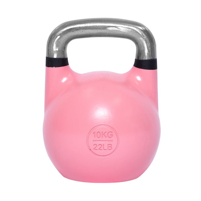 A pink Bells of Steel Competition Kettlebell with a silver handle, weighing 10 kilograms (22 pounds), is centered against a white background. It features an ergonomic design ideal for kettlebell sport enthusiasts and competitors at any level.