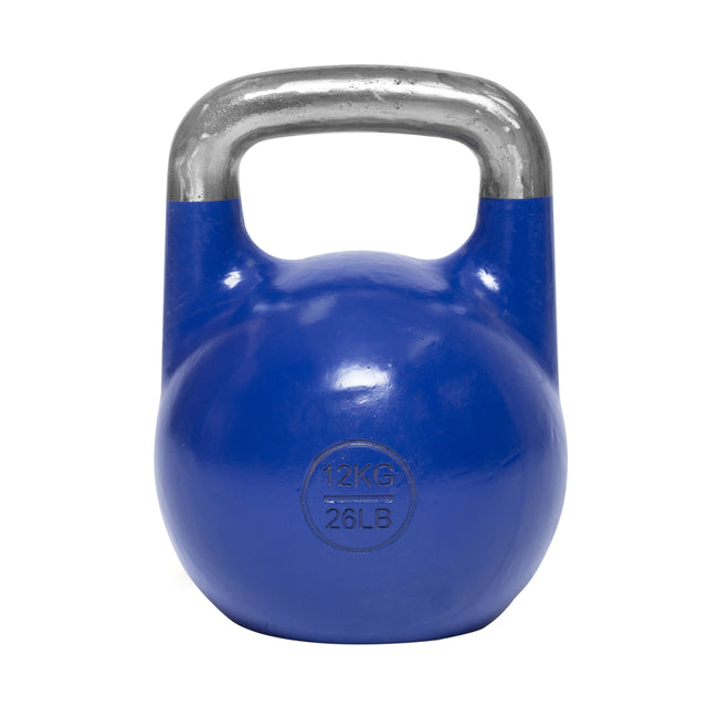 The Bells of Steel Competition Kettlebells, in blue with a silver handle, feature an ergonomic design and weigh 12 kilograms (26 pounds), are displayed against a white background.