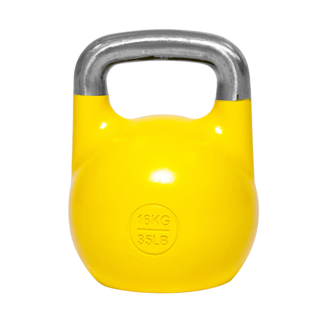 The Bells of Steel Competition Kettlebells feature an ergonomic design with a vibrant yellow color and a shiny silver handle, weighing 16 kg (35 lb). Ideal for Kettlebell Sport enthusiasts, this kettlebell stands out against a white background, ready to enhance your training routine.