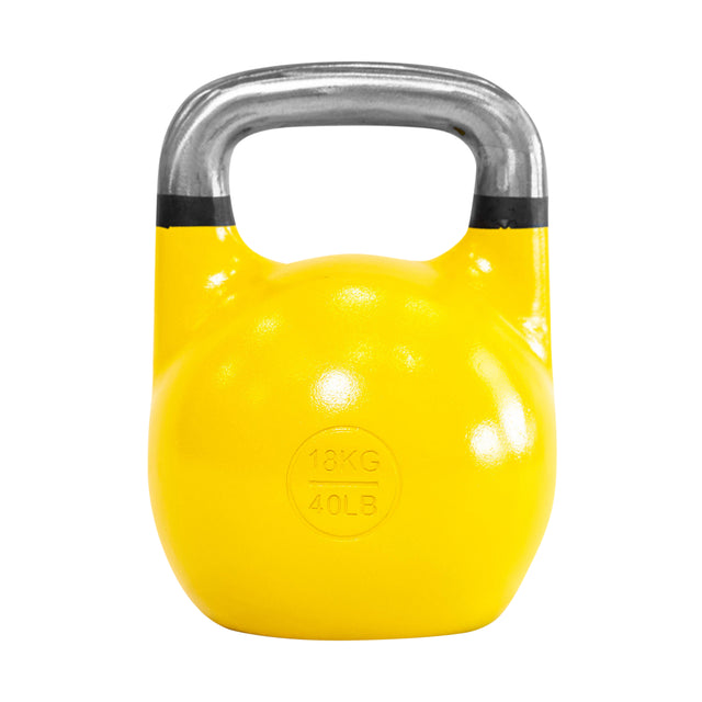 The Bells of Steel Competition Kettlebells feature a 40-pound or 18-kilogram yellow kettlebell with a metallic handle, designed for ergonomic precision. It's perfect for Kettlebell Sport enthusiasts looking for both style and functionality in their training equipment.