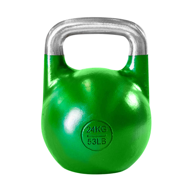 The Bells of Steel Competition Kettlebell, featuring a green body and a silver handle renowned for its ergonomic design, weighs 24 kg (53 lbs) and is showcased against a white background.