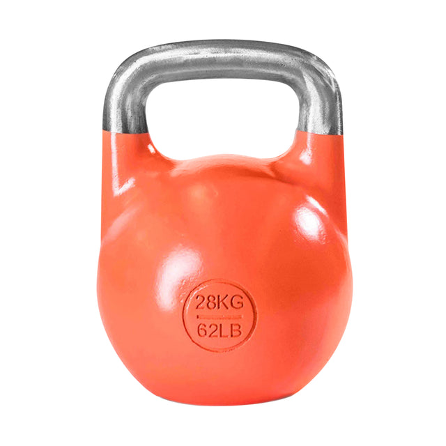 The Bells of Steel Competition Kettlebells include an orange kettlebell specifically designed for Kettlebell Sport. It features a metallic handle and weighs 28 kilograms (62 pounds). With its ergonomic design, it stands out against a white background.