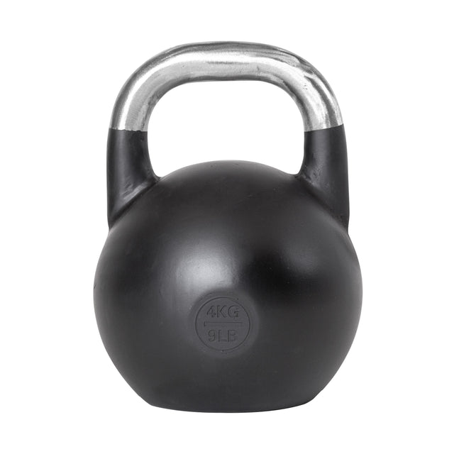 The Bells of Steel Competition Kettlebells, featuring a sleek black body with a shiny silver handle and weighing 4 kg (9 lbs), highlights its ergonomic design against a plain white background, making it ideal for Kettlebell Sport enthusiasts.