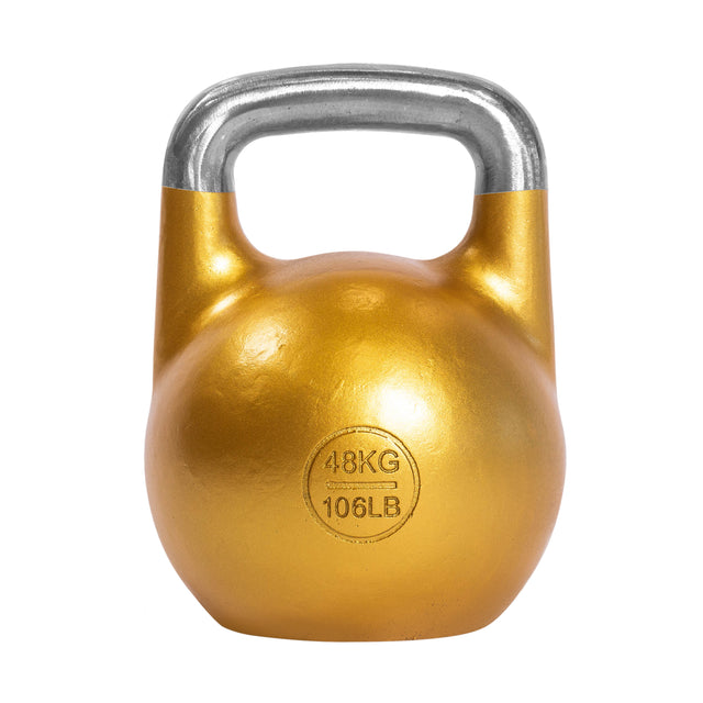 The Bells of Steel Competition Kettlebell in metallic gold, featuring a silver handle, highlights an ergonomic design ideal for Kettlebell Sport. The kettlebell displays "48 KG" and "106 LB" on its surface.