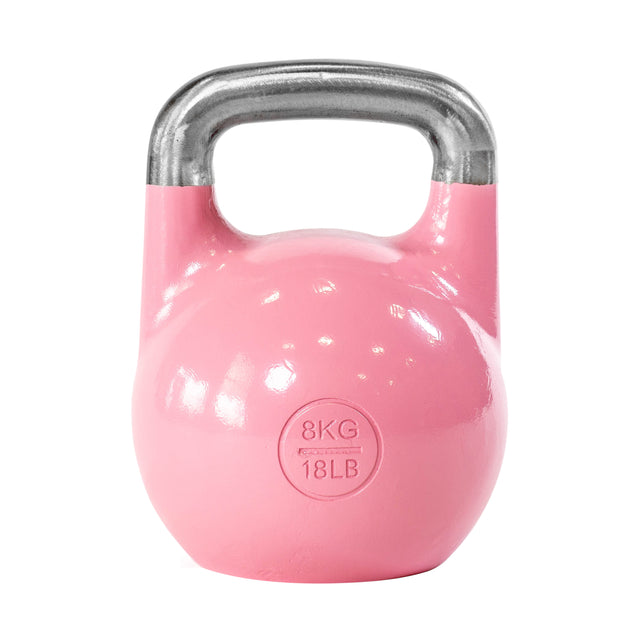 The Bells of Steel Competition Kettlebells feature a pink ergonomic design with a metallic silver handle, weighing 8 kilograms (18 pounds), set against a pristine white background. Perfect for Kettlebell Sport enthusiasts and competitive training.