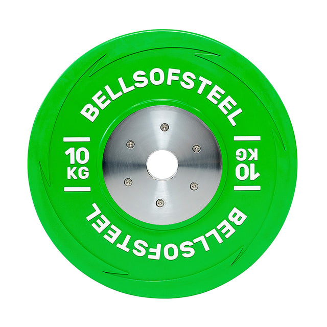 A weightlifting plate in green, bearing "BELLS OF STEEL" and "10 KG" in white, is crafted for Olympic lifting. It features a silver central hub with bolt accents, reflecting the superior quality of the KG Competition Bumper Plates.