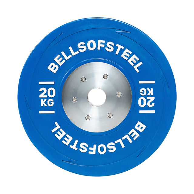 A KG Competition Bumper Plate, designed for Olympic lifting, displays "Bells of Steel" and "20 KG" in white on its blue surface. Its metallic center facilitates smooth mounting on a barbell, making it an ideal choice among training plates.