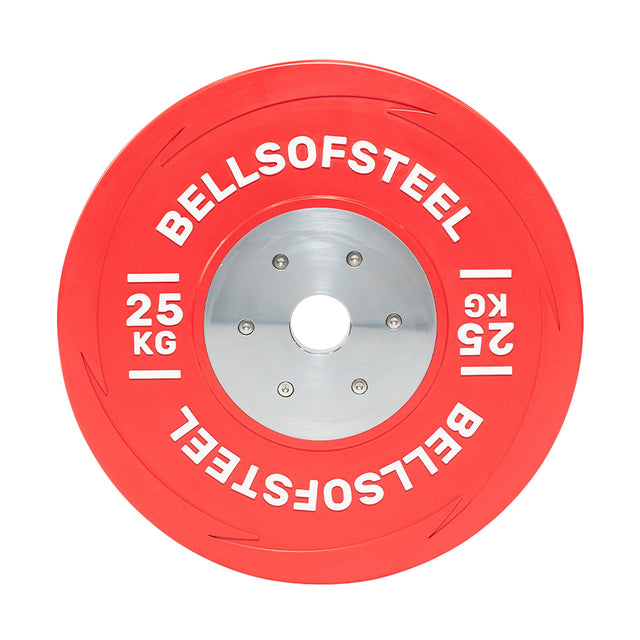 A red KG Competition Bumper Plate by Bells of Steel, designed for Olympic lifting, prominently displays "Bells of Steel" and "25 kg" in white. The silver central hole includes bolt details, enhancing its minimalist and clean design, making it perfect for training plates.