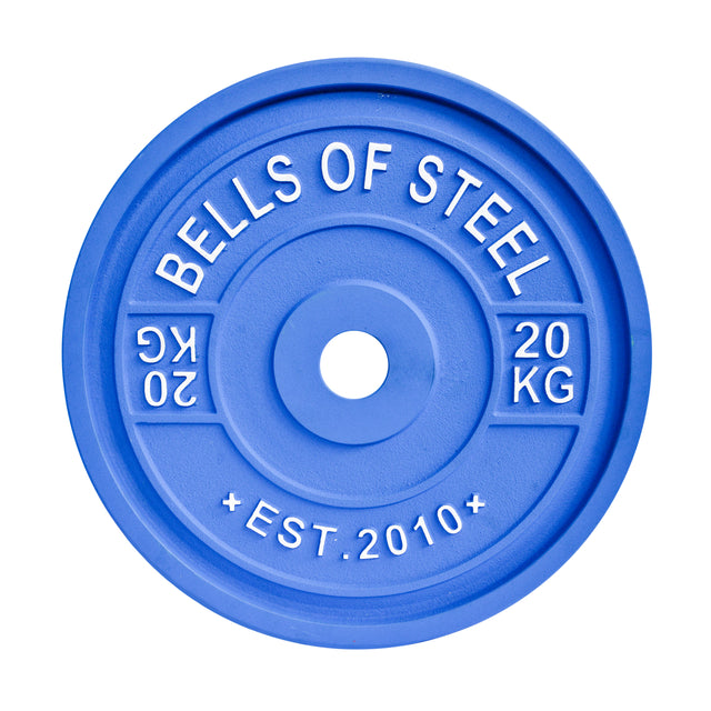 A blue 20 kg weight plate from Bells of Steel, crafted to meet IPF specifications, has "EST. 2010" at the bottom. This Calibrated Powerlifting Plates - KG product features precise color-coding for easy identification in any gym setting.