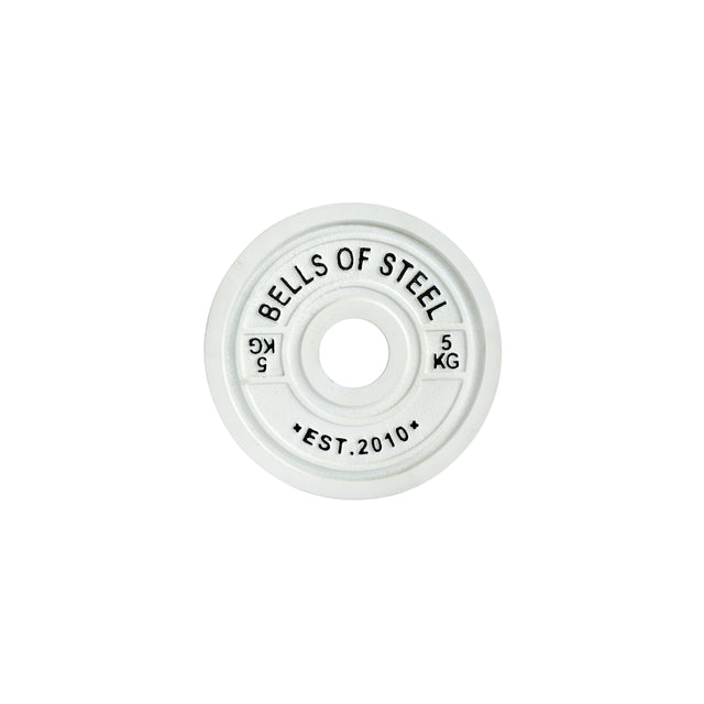 A close-up of a round, white weight plate from Bells of Steel, labeled with "EST. 2010" and a central hole. This 5 kg plate is designed to IPF specifications and is part of the Calibrated Powerlifting Plates - KG range.