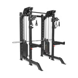 The KOLOSSOS by Bells of Steel is a sleek black Smith Functional Trainer for home gyms, featuring adjustable pulleys, weight stacks, and various exercise attachments for strength training and resistance exercises.