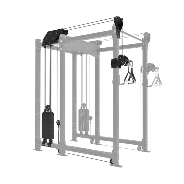 Image of the Bells of Steel Kraken Rack Attachment, designed for 6 Post Manticore Racks. It's a metallic structure featuring weight stacks and adjustable trolleys for versatile strength training, with dual-handle cable towers for comprehensive workouts.