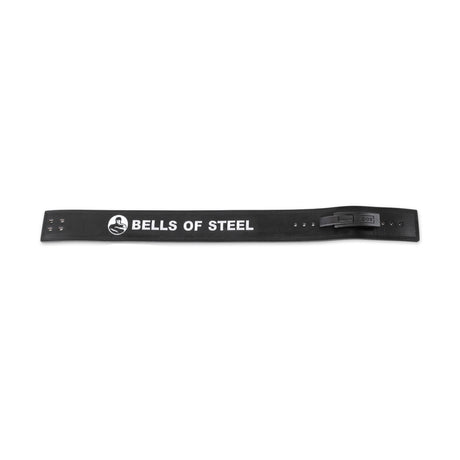 The Bells of Steel Lever Belt is a black powerlifting belt with a secure buckle, featuring "BELLS OF STEEL" text and a white logo—perfect for reliable support during heavy lifts.