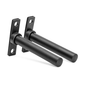 Introducing the Bells of Steel Bolt-On Plate Pegs, a pair of black wall-mount brackets with cylindrical rods and rectangular bases. Each bracket comes with two screw holes, perfect for efficiently supporting floating shelves or storing Olympic-sized weight plates.