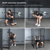Four images show a man and woman using the Bells of Steel Safety Squat Bar - The SS4 for lunges, good mornings, barbell rows, and JM presses—demonstrating the SS4’s versatility for leg day or full-body workouts.