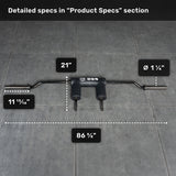 The Bells of Steel Safety Squat Bar - The SS4 rests on a gray tiled floor, showing measurements: 21", 11 13/16", 86 5/8", with a diameter of 1 1/4". See the 'Product Specs' section for more details.