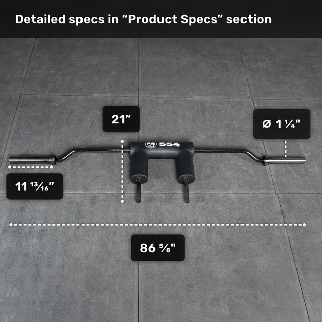 The Bells of Steel Safety Squat Bar - The SS4 rests on a gray tiled floor, showing measurements: 21", 11 13/16", 86 5/8", with a diameter of 1 1/4". See the 'Product Specs' section for more details.