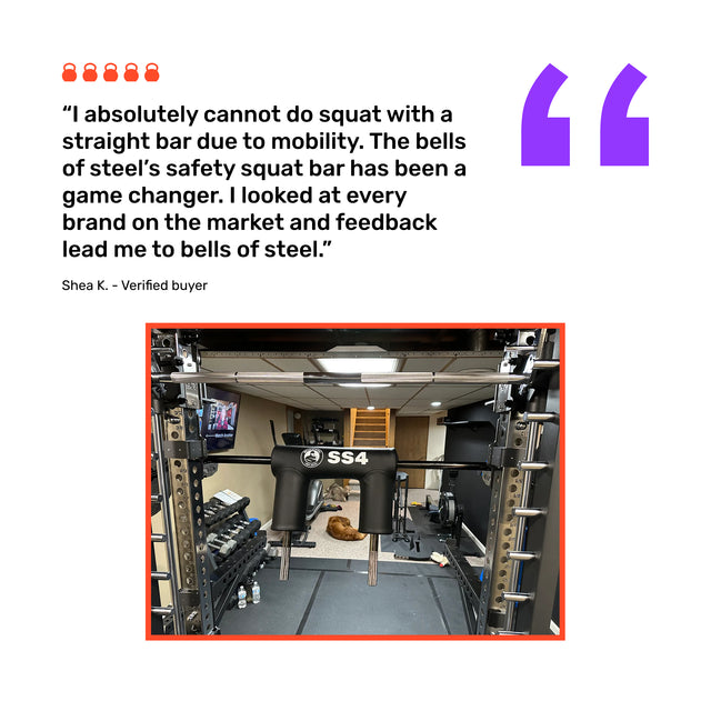 A customer review praises the Bells of Steel Safety Squat Bar - The SS4, featured with leg workout gear in a home gym. The review notes improved mobility and choosing this bar for squats, with bold quote marks and avatars above the text.