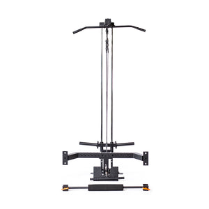 Bells of Steel's Lat Pulldown & Low Row Rack Attachment - Hydra & Manticore is a multifunctional fitness machine with a vertical frame, pull-down bar, adjustable weight stack, and padded seat, designed for strength training and upper body exercises like lat pulldowns on a white background.