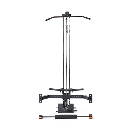 Bells of Steel's Lat Pulldown & Low Row Rack Attachment - Hydra & Manticore is a multifunctional fitness machine with a vertical frame, pull-down bar, adjustable weight stack, and padded seat, designed for strength training and upper body exercises like lat pulldowns on a white background.