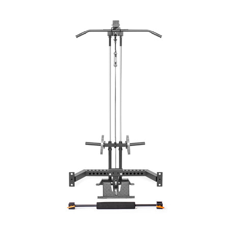 The Lat Pulldown & Low Row Rack Attachment - Hydra & Manticore by Bells of Steel is a black multifunctional home gym machine featuring a tall frame with a lat pulldown bar, weight stack, and low row attachment—ideal for diverse cable exercises and strength training.