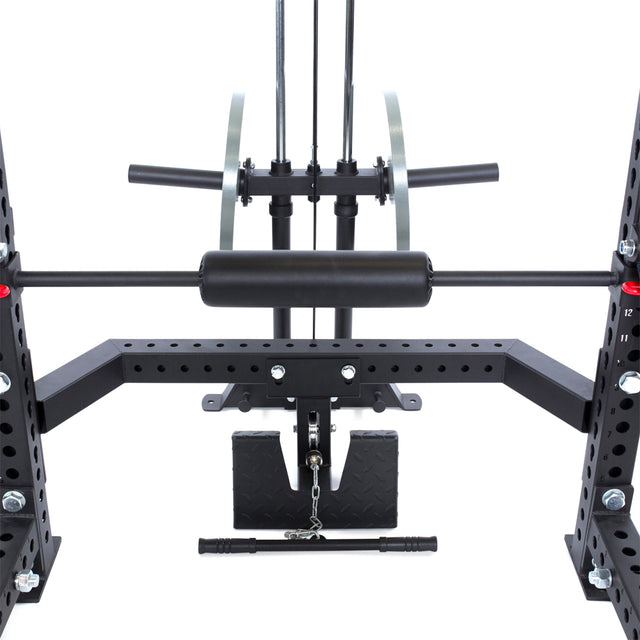 The Bells of Steel Lat Pulldown & Low Row Rack Attachment - Hydra & Manticore is a versatile gym machine with Olympic weight plates, barbell, pull-up bar, and cables. Made of black metal with adjustable settings, it's perfect for strength training exercises.