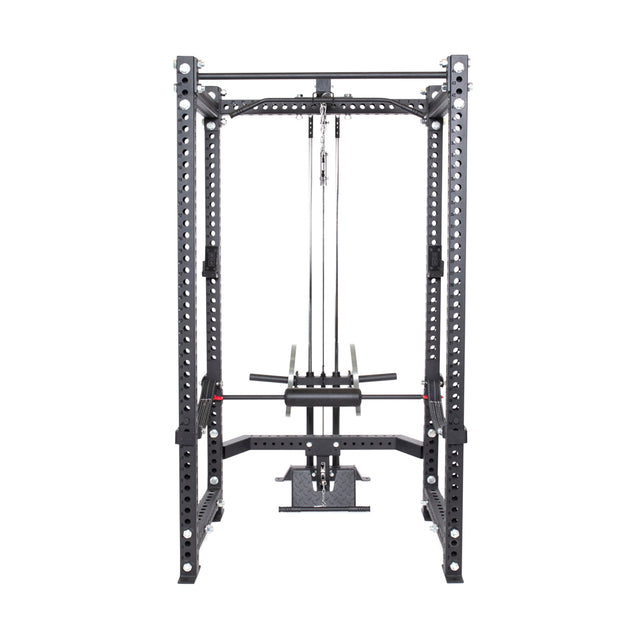 The Bells of Steel Lat Pulldown & Low Row Rack Attachment for Hydra & Manticore is a versatile black power rack with cables, a sturdy metal frame, and adjustable attachment holes ideal for strength and cable exercises.