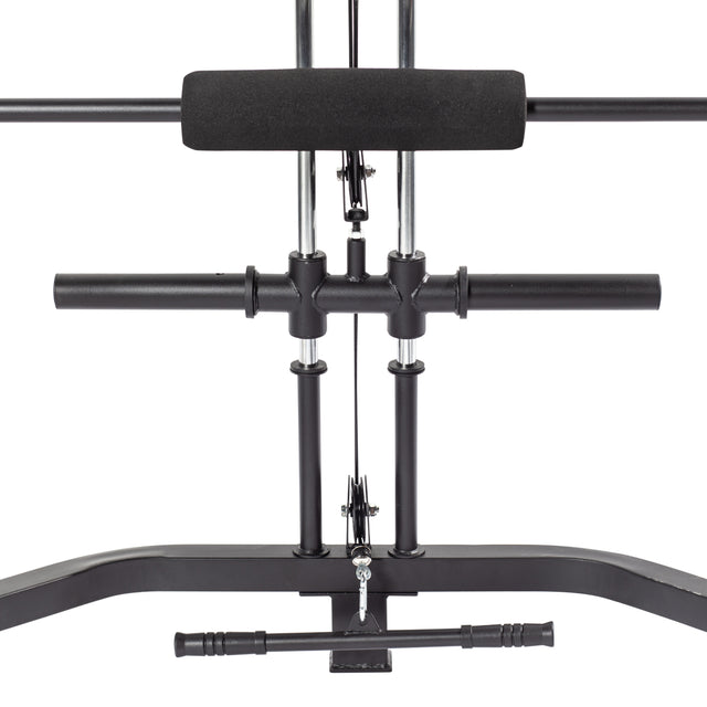 Close-up view of the Rack Lat Pulldown/Row Attachment by Bells of Steel, a black fitness machine with bars and foam padding. It features handles, a pulley system, and adjustable resistance for cable-based exercises like lat pulldowns. Ideal for light commercial/residential power racks.