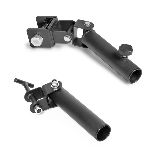 Two Bells of Steel Landmine Rack Attachments, in black metal, feature a clamp mechanism with an elongated tube, adjustable screw knob, and secure clip system for easy attachment. They are ideal for rotational core workouts during explosive exercises and have a sturdy, utilitarian design.