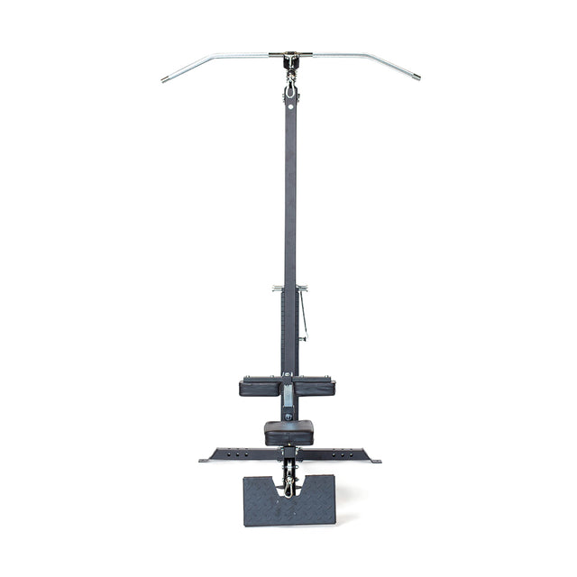 Front view of the Bells of Steel Lat Pulldown Low Row Machine, featuring a long vertical lever, horizontal handlebar, base foot pedal, and padded stabilizers—resembling versatile home gym equipment for cable exercises.