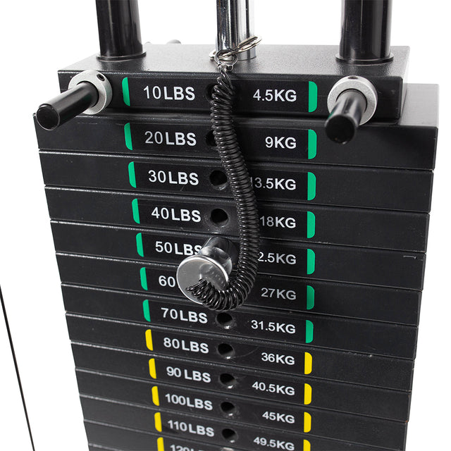 The Bells of Steel Lat Pulldown Low Row Machine features a stack of weight plates ranging from 10 lbs (4.5 kg) to 100 lbs (45 kg), with the pin resting at the 60 lbs (27 kg) slot, including a coiled tether—perfect for any home gym setup.