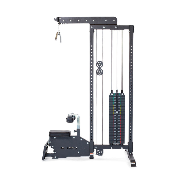 A sleek, black Lat Pulldown Low Row Machine from Bells of Steel elevates your home gym. It includes a weight stack, pull-down handle, bench for seated rows, adjustable pulleys, and convenient weight adjustment pins.